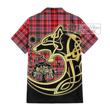 Straiton Tartan Short Sleeve Button Shirt with Family Crest Celtic Wolf Style