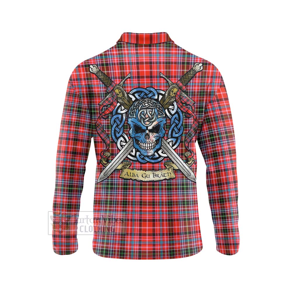 Tartan Vibes Clothing Straiton Tartan Long Sleeve Polo Shirt with Family Crest Celtic Skull Style