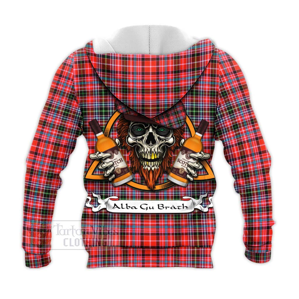 Tartan Vibes Clothing Straiton Tartan Knitted Hoodie with Family Crest and Bearded Skull Holding Bottles of Whiskey