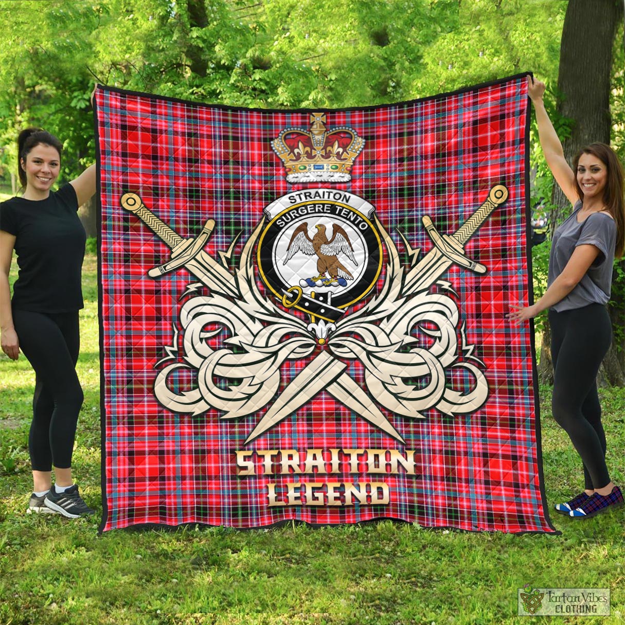 Tartan Vibes Clothing Straiton Tartan Quilt with Clan Crest and the Golden Sword of Courageous Legacy