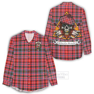 Straiton Tartan Women's Casual Shirt with Family Crest and Bearded Skull Holding Bottles of Whiskey