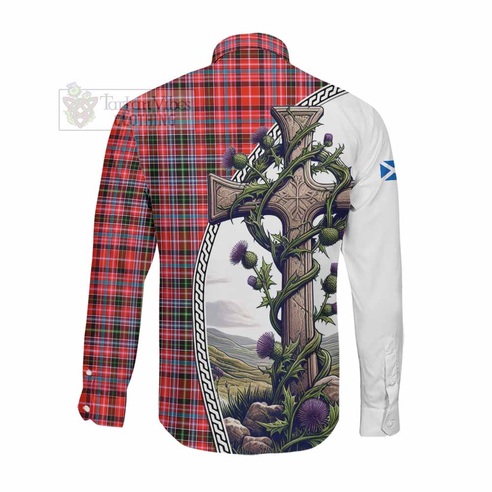 Tartan Vibes Clothing Straiton Tartan Long Sleeve Button Shirt with Family Crest and St. Andrew's Cross Accented by Thistle Vines