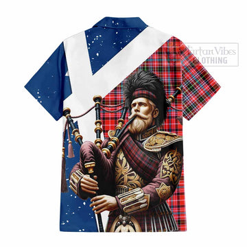 Straiton Tartan Short Sleeve Button Shirt with Family Crest Scottish Bagpiper Vibes