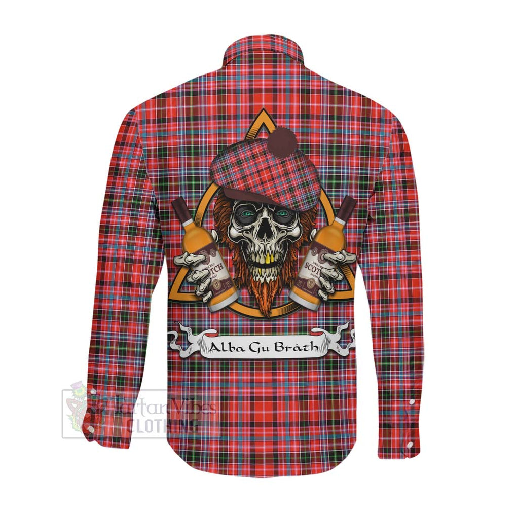 Tartan Vibes Clothing Straiton Tartan Long Sleeve Button Shirt with Family Crest and Bearded Skull Holding Bottles of Whiskey