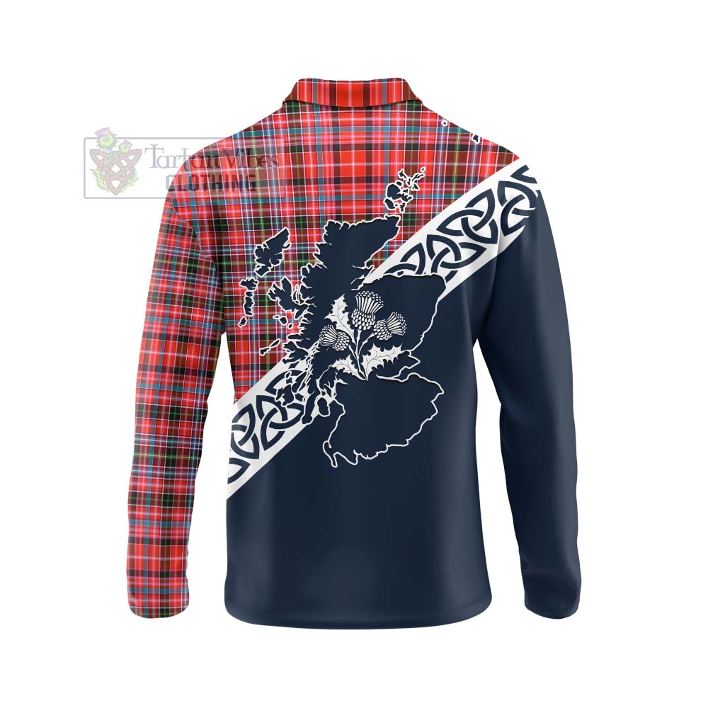 Tartan Vibes Clothing Straiton Tartan Long Sleeve Polo Shirt Featuring Thistle and Scotland Map