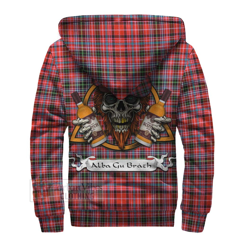 Tartan Vibes Clothing Straiton Tartan Sherpa Hoodie with Family Crest and Bearded Skull Holding Bottles of Whiskey