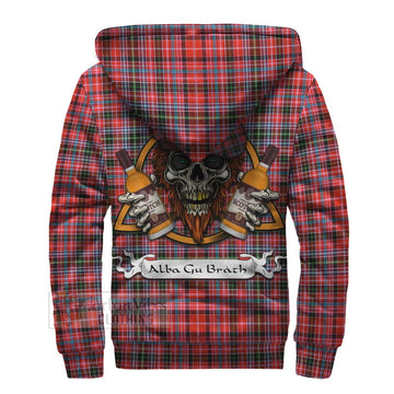 Straiton Tartan Sherpa Hoodie with Family Crest and Bearded Skull Holding Bottles of Whiskey