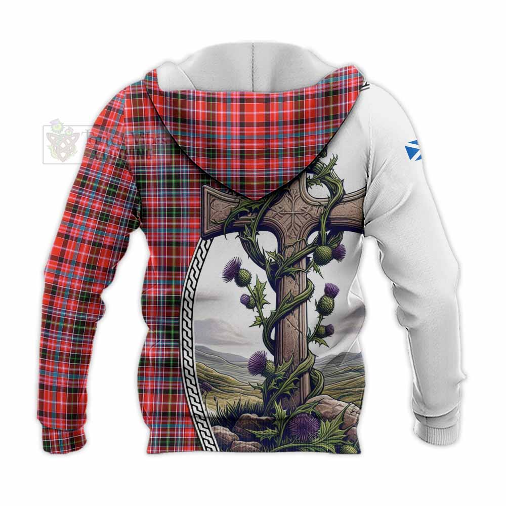 Tartan Vibes Clothing Straiton Tartan Knitted Hoodie with Family Crest and St. Andrew's Cross Accented by Thistle Vines