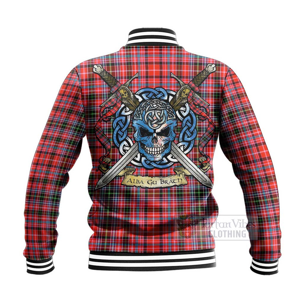 Tartan Vibes Clothing Straiton Tartan Baseball Jacket with Family Crest Celtic Skull Style