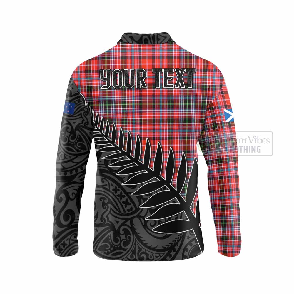 Tartan Vibes Clothing Straiton Crest Tartan Long Sleeve Polo Shirt with New Zealand Silver Fern Half Style