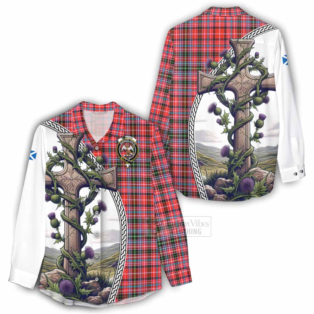 Tartan Vibes Clothing Straiton Tartan Women's Casual Shirt with Family Crest and St. Andrew's Cross Accented by Thistle Vines