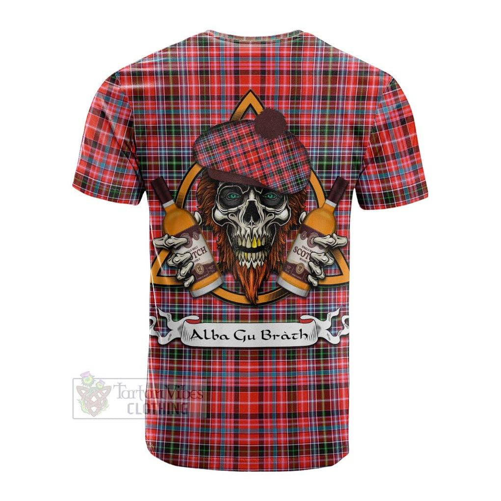 Tartan Vibes Clothing Straiton Tartan Cotton T-shirt with Family Crest and Bearded Skull Holding Bottles of Whiskey