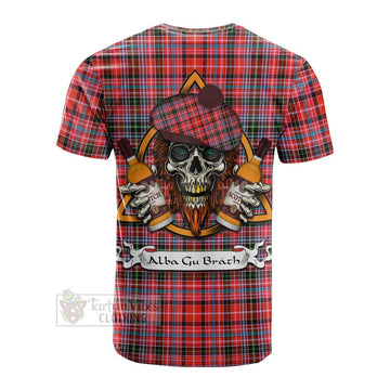 Straiton Tartan Cotton T-shirt with Family Crest and Bearded Skull Holding Bottles of Whiskey