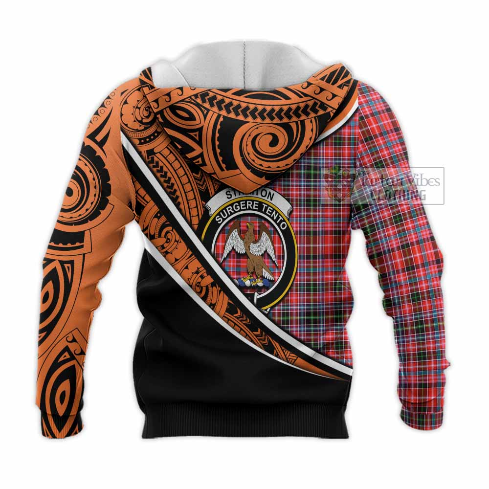 Tartan Vibes Clothing Straiton Crest Tartan Knitted Hoodie with Maori Tattoo Style - Orange Version