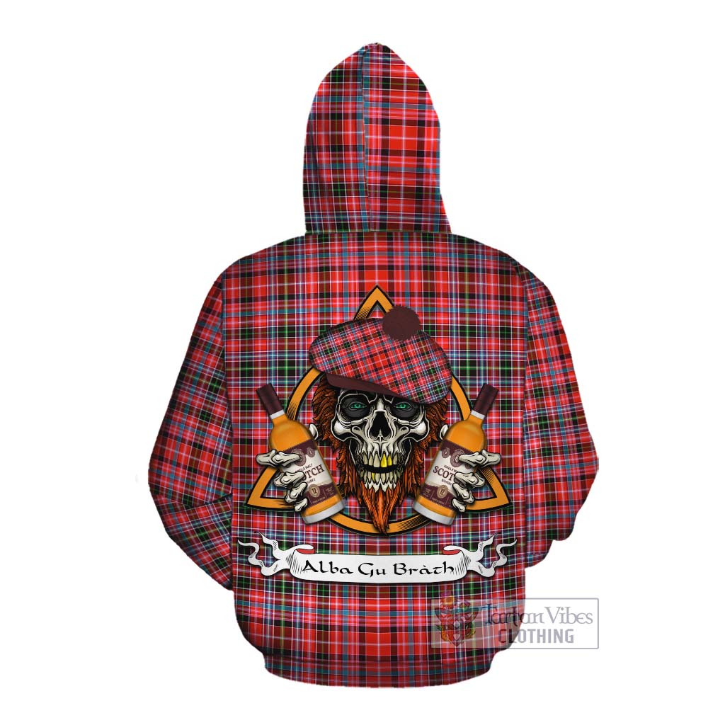 Tartan Vibes Clothing Straiton Tartan Cotton Hoodie with Family Crest and Bearded Skull Holding Bottles of Whiskey