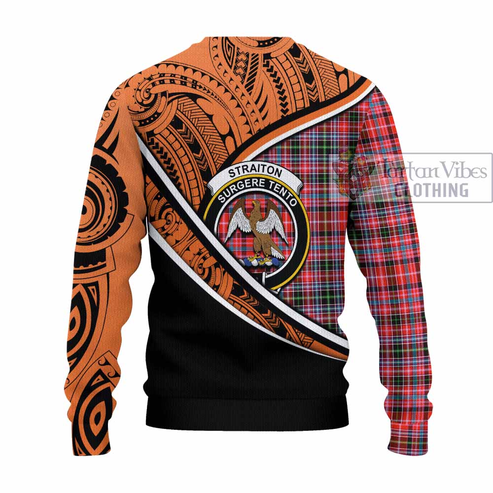 Tartan Vibes Clothing Straiton Crest Tartan Knitted Sweater with Maori Tattoo Style - Orange Version