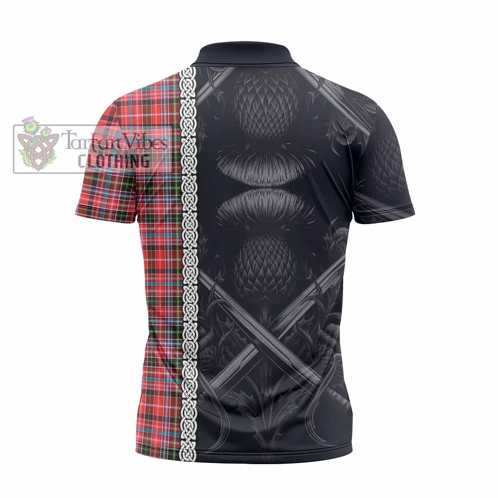 Tartan Vibes Clothing Straiton Tartan Zipper Polo Shirt with Family Crest Cross Sword Thistle Celtic Vibes