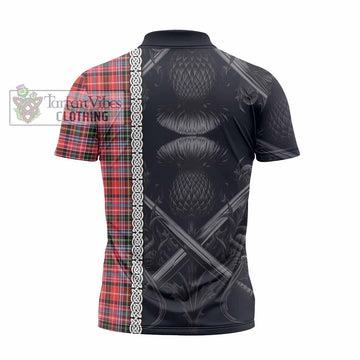 Straiton Tartan Zipper Polo Shirt with Family Crest Cross Sword Thistle Celtic Vibes