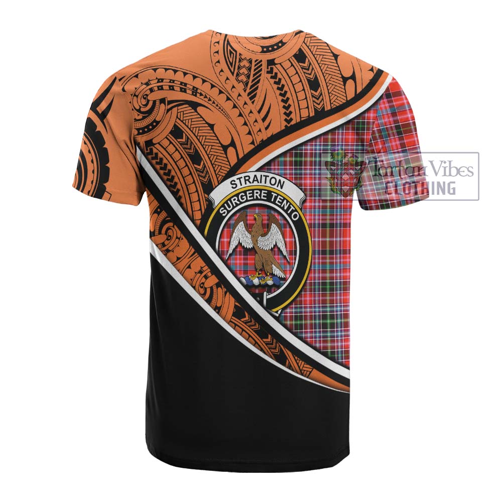 Tartan Vibes Clothing Straiton Crest Tartan Cotton T-shirt with Maori Tattoo Style - Orange Version