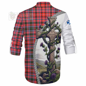 Straiton Tartan Ghillie Kilt Shirt with Family Crest and St. Andrew's Cross Accented by Thistle Vines