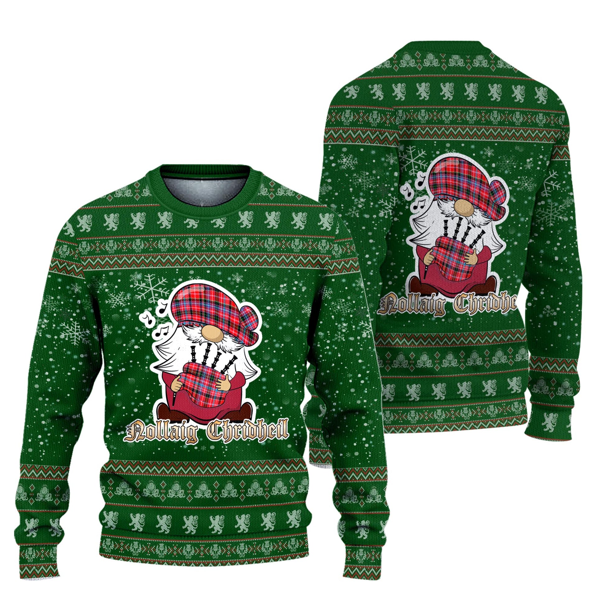 Straiton Clan Christmas Family Knitted Sweater with Funny Gnome Playing Bagpipes Unisex Green - Tartanvibesclothing