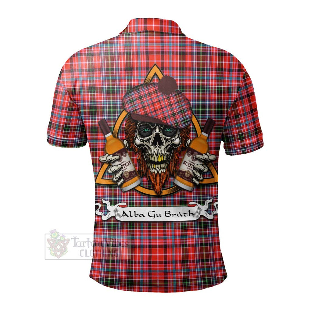 Tartan Vibes Clothing Straiton Tartan Polo Shirt with Family Crest and Bearded Skull Holding Bottles of Whiskey