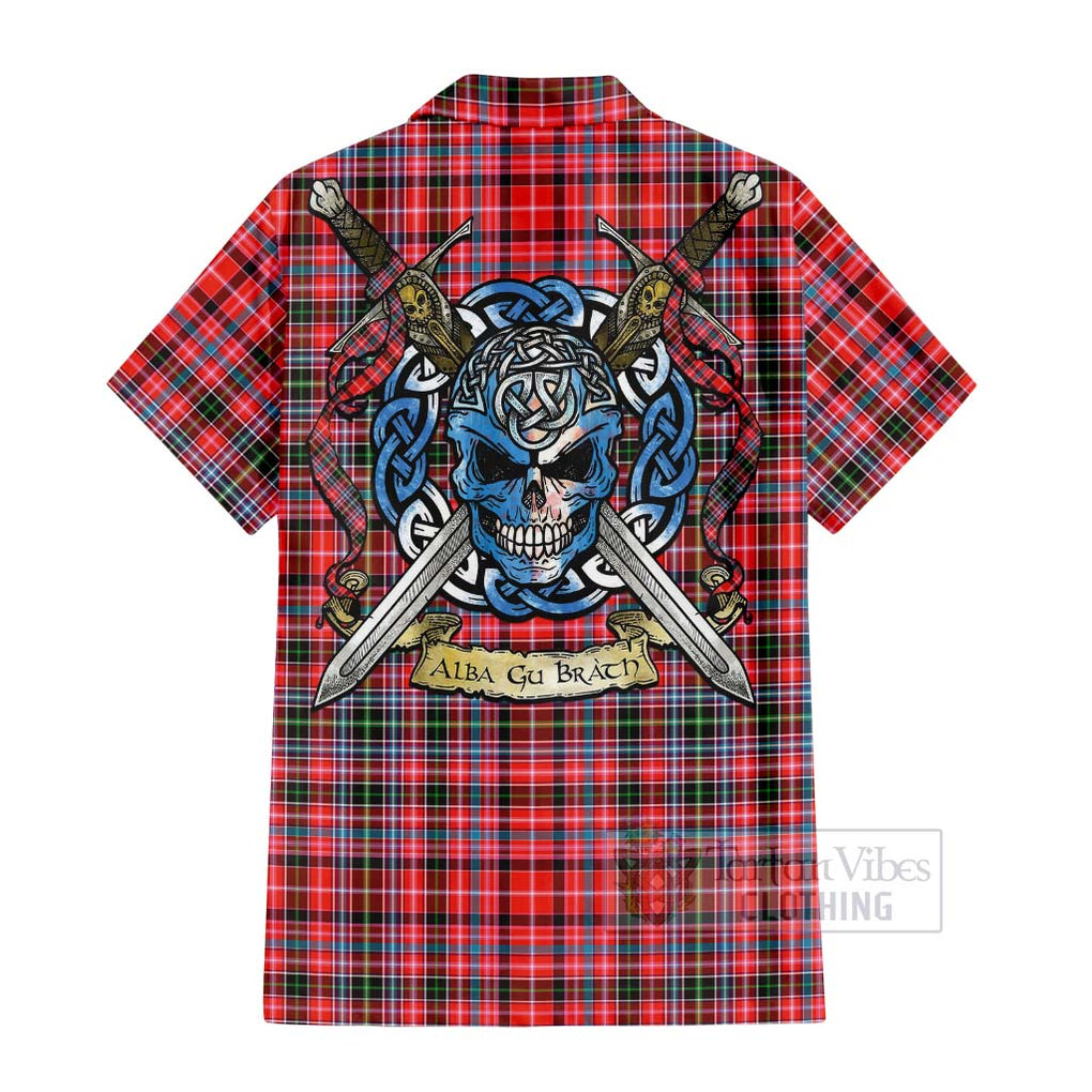 Tartan Vibes Clothing Straiton Tartan Short Sleeve Button Shirt with Family Crest Celtic Skull Style