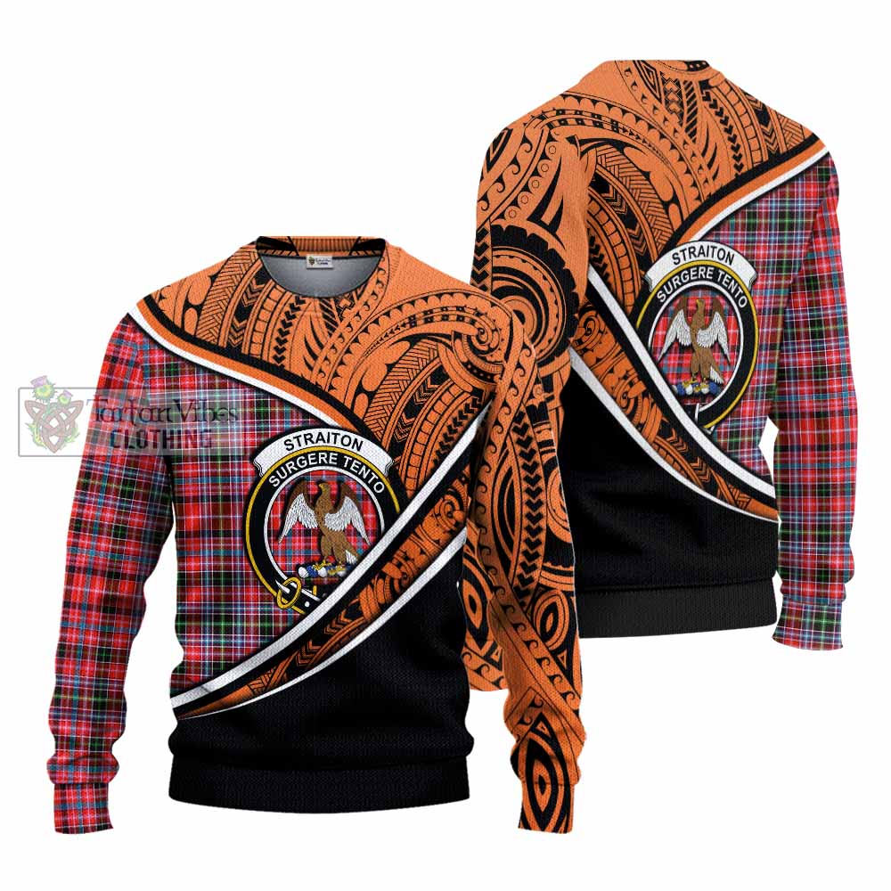 Tartan Vibes Clothing Straiton Crest Tartan Knitted Sweater with Maori Tattoo Style - Orange Version