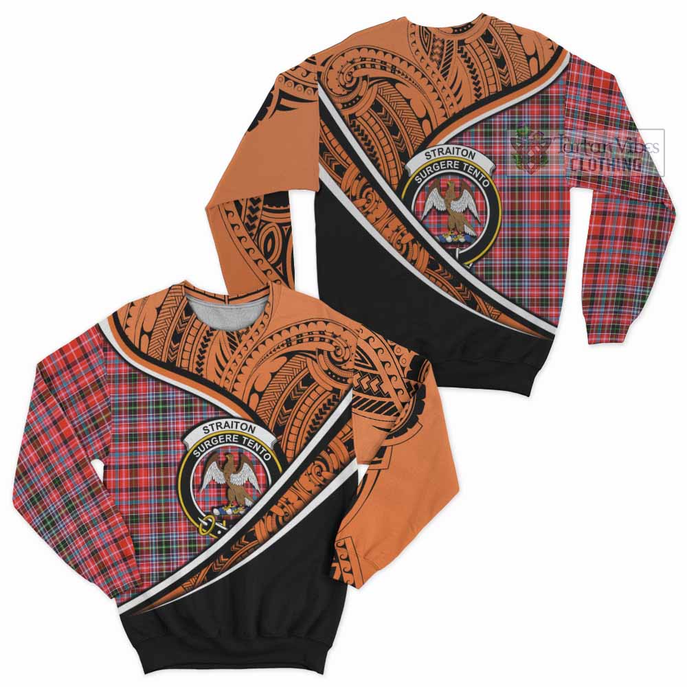 Tartan Vibes Clothing Straiton Crest Tartan Sweatshirt with Maori Tattoo Style - Orange Version