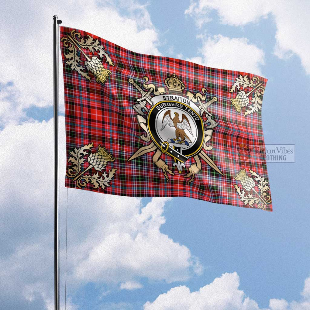 Tartan Vibes Clothing Straiton Tartan Flag with Family Crest and Golden Thistle Crossed Sword Design