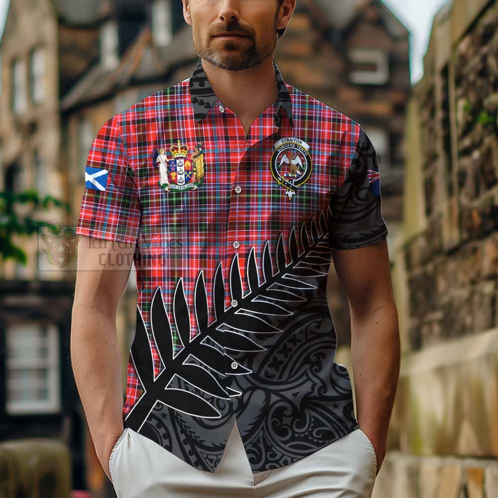 Tartan Vibes Clothing Straiton Crest Tartan Short Sleeve Button Shirt with New Zealand Silver Fern Half Style