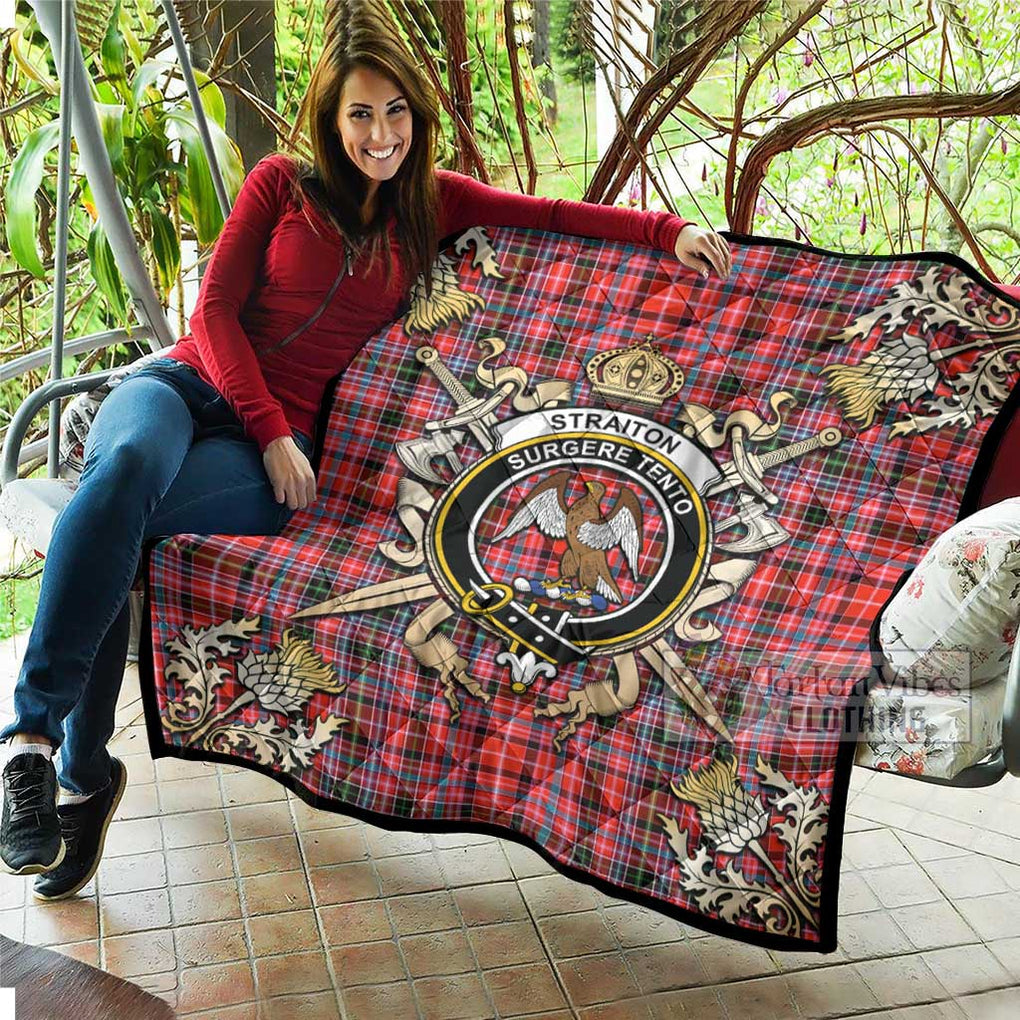 Tartan Vibes Clothing Straiton Tartan Quilt with Family Crest and Scottish Golden Courage Shield