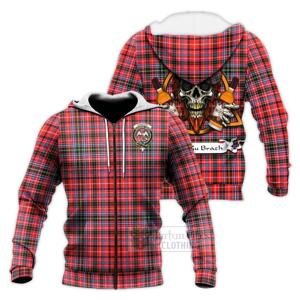 Tartan Vibes Clothing Straiton Tartan Knitted Hoodie with Family Crest and Bearded Skull Holding Bottles of Whiskey