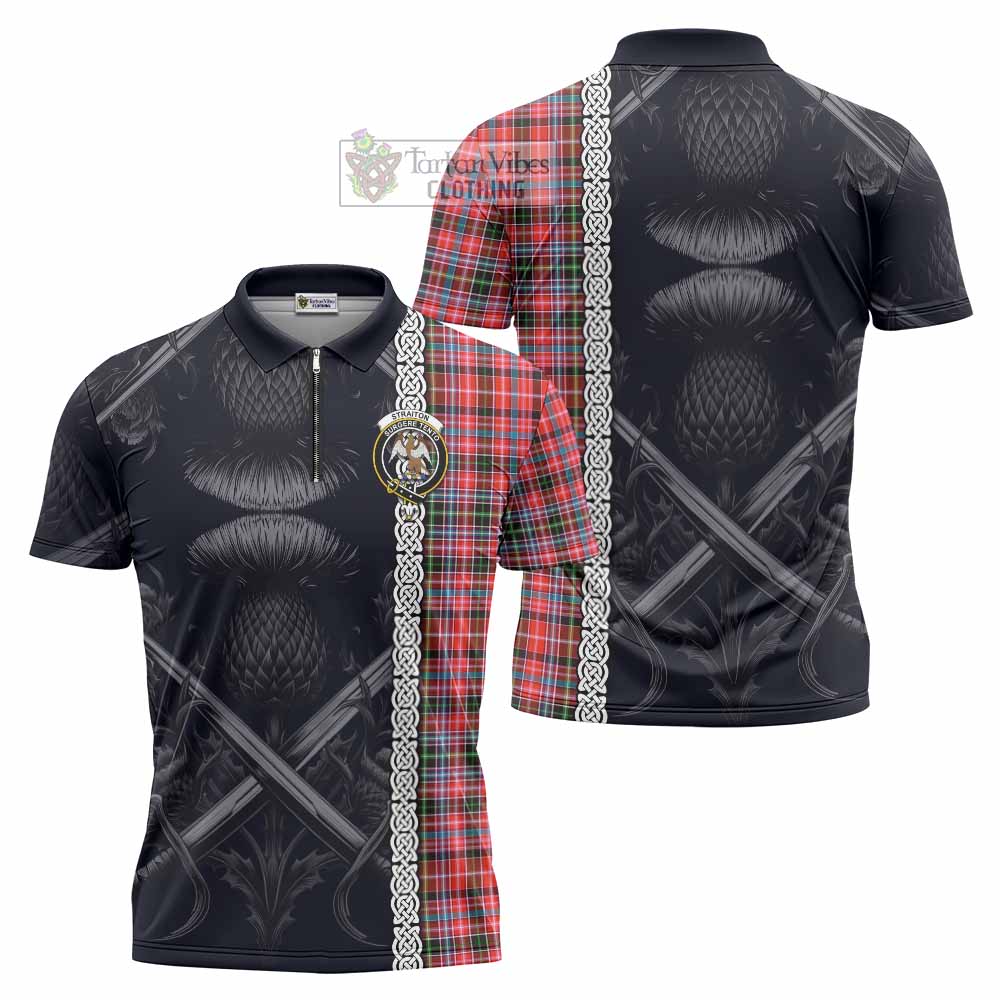 Tartan Vibes Clothing Straiton Tartan Zipper Polo Shirt with Family Crest Cross Sword Thistle Celtic Vibes