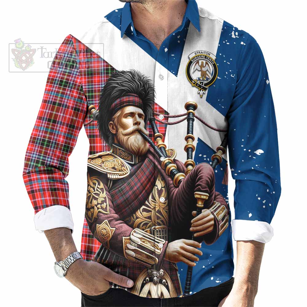 Tartan Vibes Clothing Straiton Tartan Long Sleeve Button Shirt with Family Crest Scottish Bagpiper Vibes