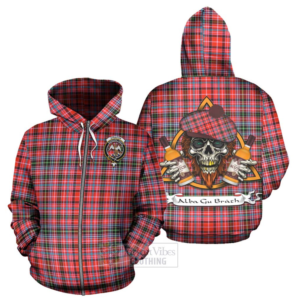 Tartan Vibes Clothing Straiton Tartan Hoodie with Family Crest and Bearded Skull Holding Bottles of Whiskey