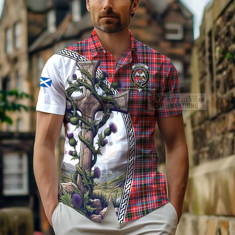 Tartan Vibes Clothing Straiton Tartan Short Sleeve Button Shirt with Family Crest and St. Andrew's Cross Accented by Thistle Vines