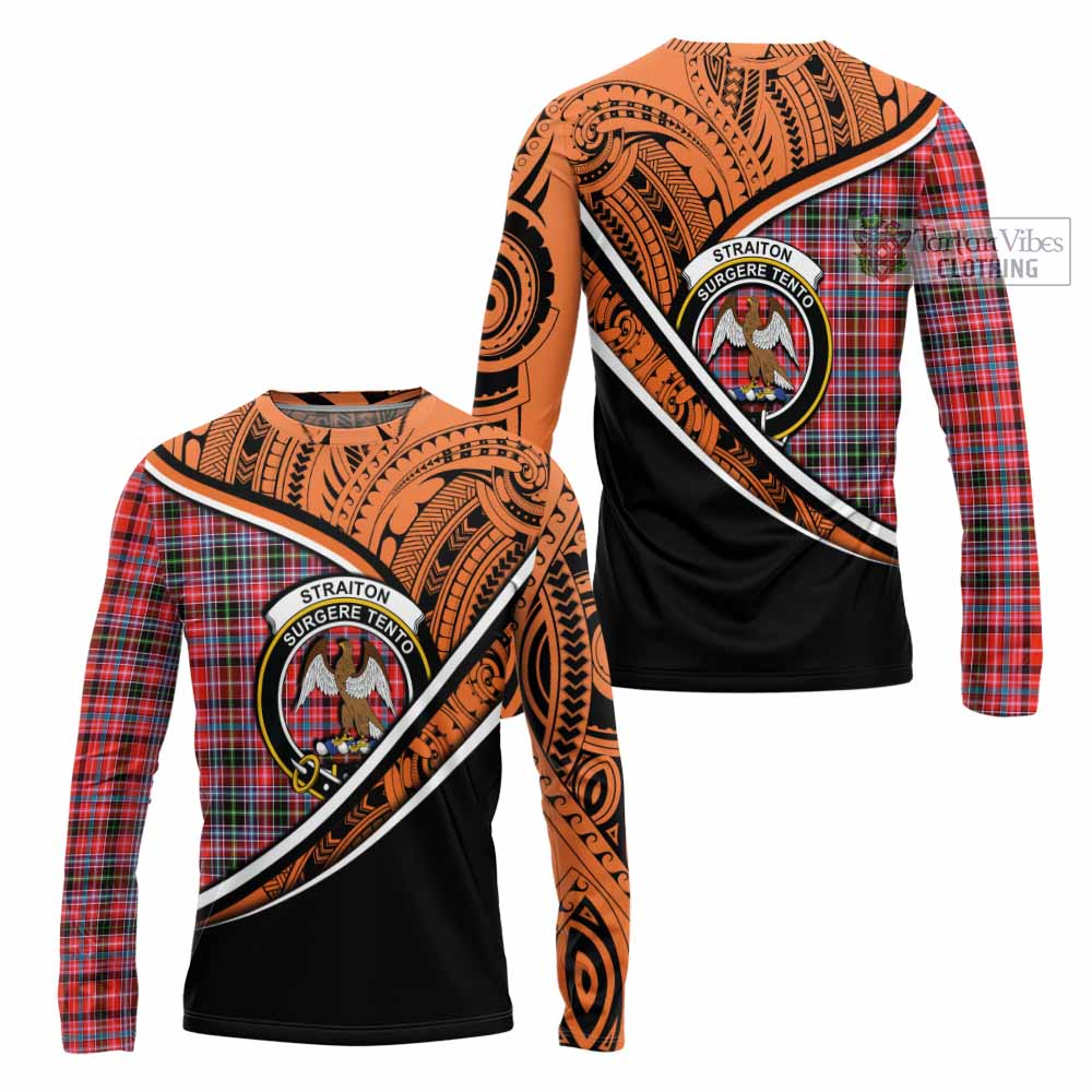 Tartan Vibes Clothing Straiton Crest Tartan Long Sleeve T-Shirt with Maori Tattoo Style - Orange Version