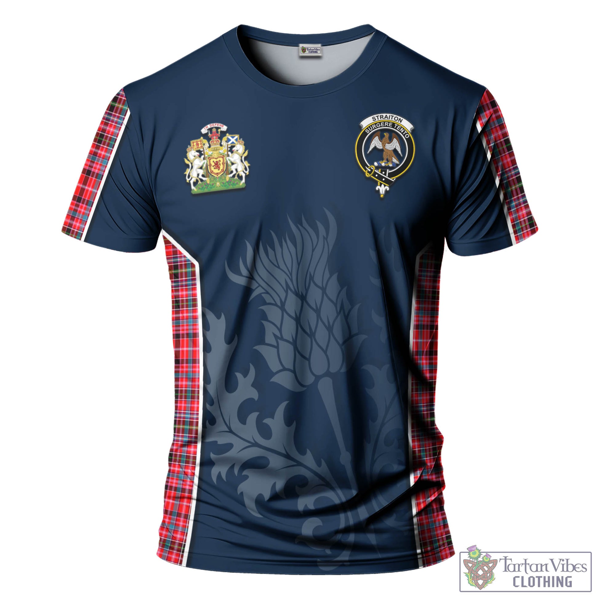 Tartan Vibes Clothing Straiton Tartan T-Shirt with Family Crest and Scottish Thistle Vibes Sport Style