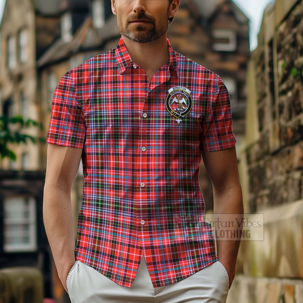 Tartan Vibes Clothing Straiton Tartan Short Sleeve Button Shirt with Family Crest Celtic Skull Style