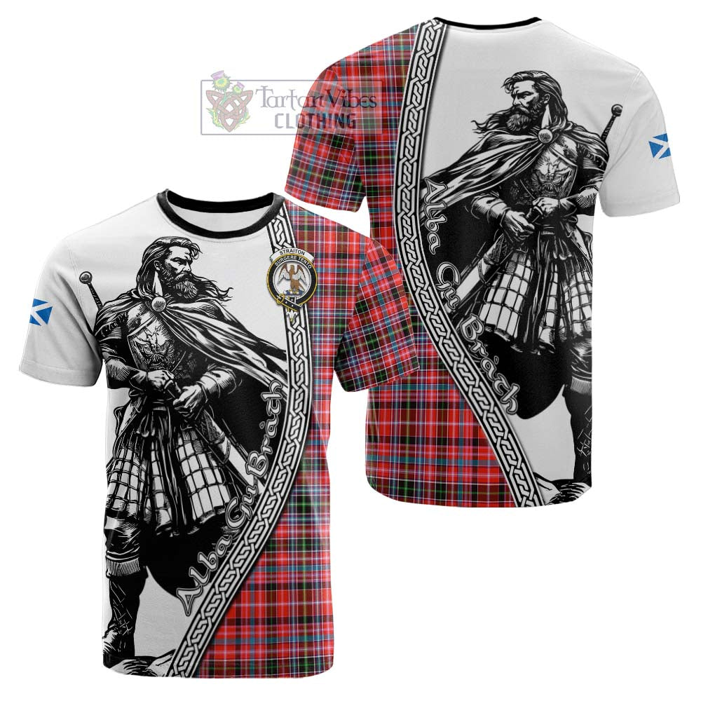 Straiton Tartan Clan Crest Cotton T-shirt with Highlander Warrior Celtic Style