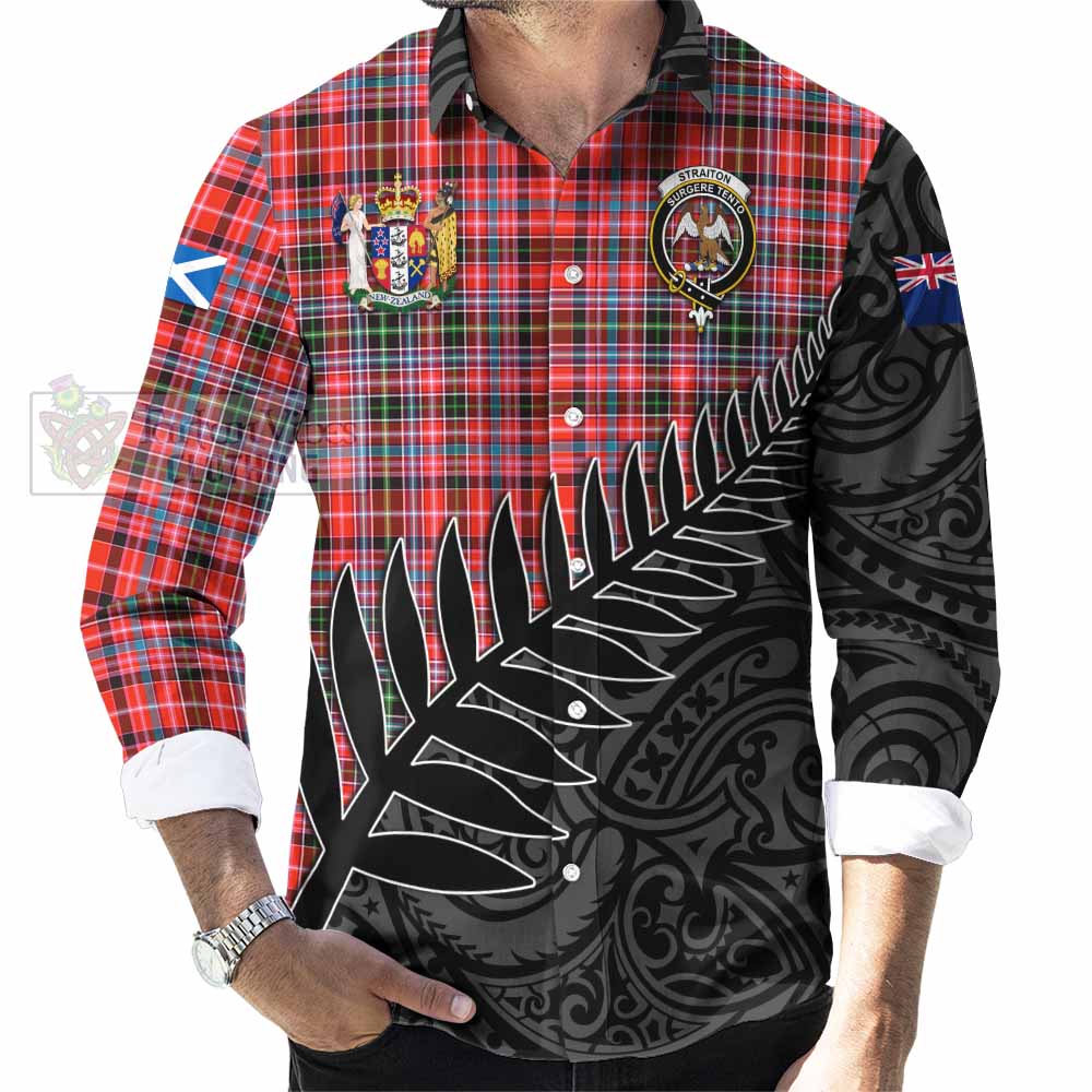 Tartan Vibes Clothing Straiton Crest Tartan Long Sleeve Button Shirt with New Zealand Silver Fern Half Style