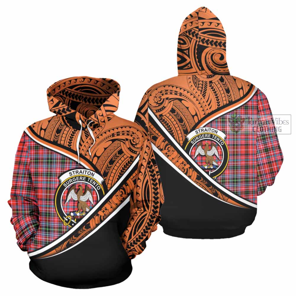 Tartan Vibes Clothing Straiton Crest Tartan Hoodie with Maori Tattoo Style - Orange Version