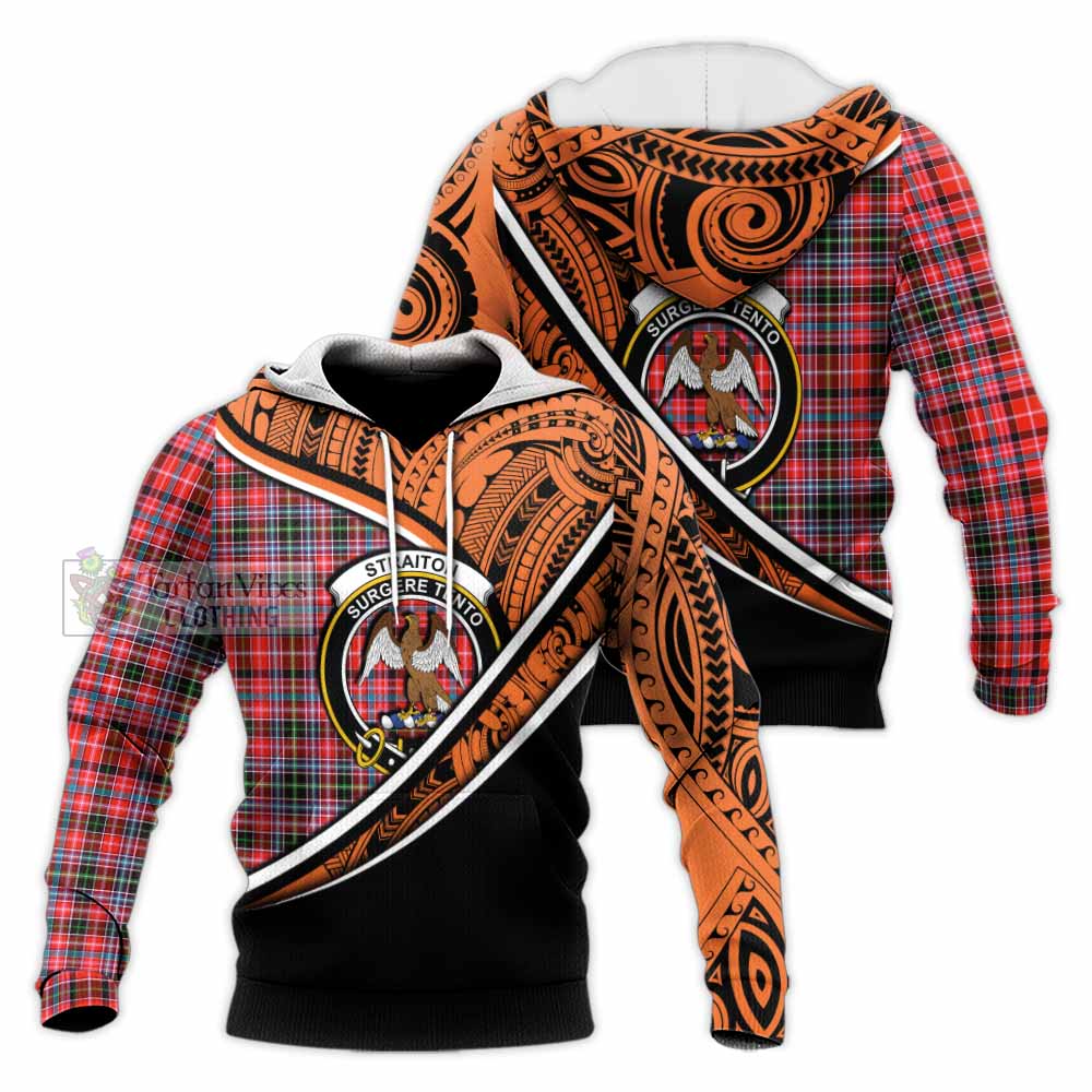 Tartan Vibes Clothing Straiton Crest Tartan Knitted Hoodie with Maori Tattoo Style - Orange Version