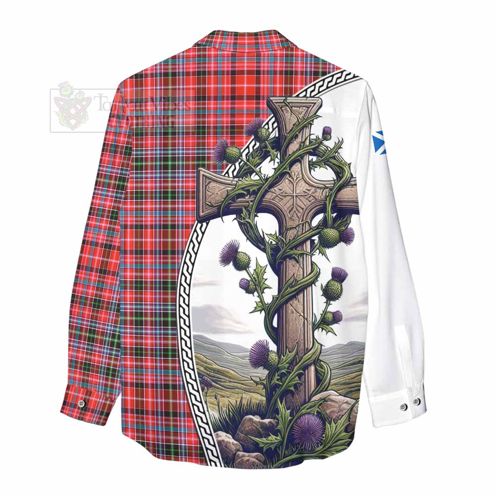 Tartan Vibes Clothing Straiton Tartan Women's Casual Shirt with Family Crest and St. Andrew's Cross Accented by Thistle Vines