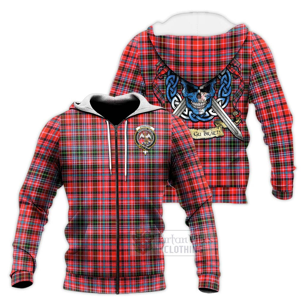 Tartan Vibes Clothing Straiton Tartan Knitted Hoodie with Family Crest Celtic Skull Style