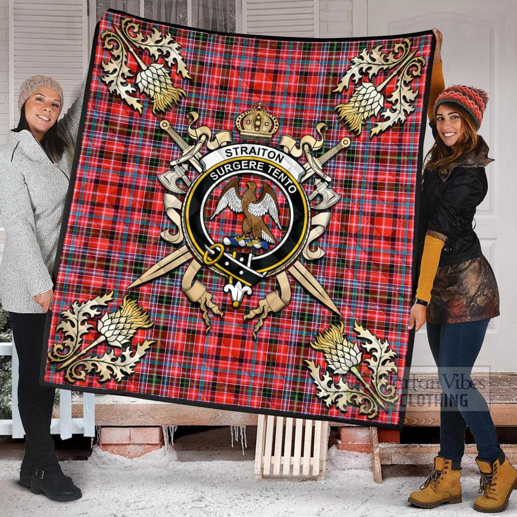 Tartan Vibes Clothing Straiton Tartan Quilt with Family Crest and Scottish Golden Courage Shield