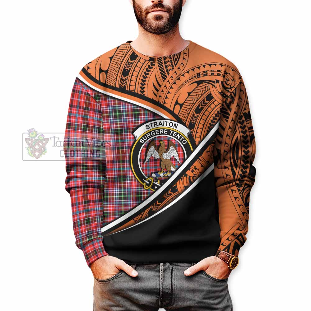 Tartan Vibes Clothing Straiton Crest Tartan Sweatshirt with Maori Tattoo Style - Orange Version