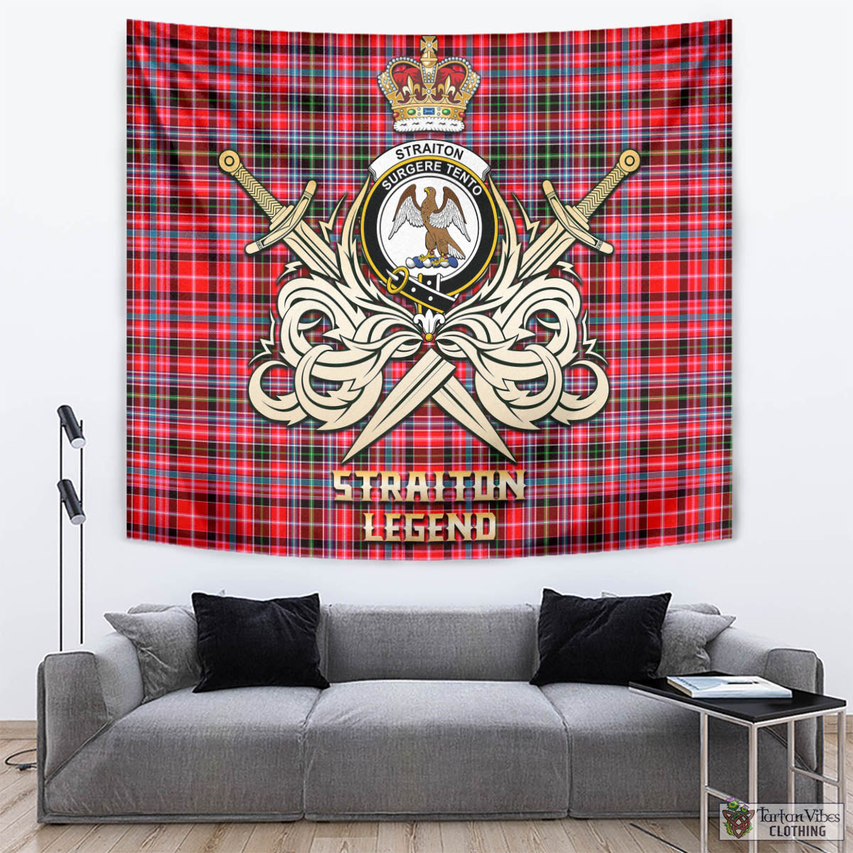 Tartan Vibes Clothing Straiton Tartan Tapestry with Clan Crest and the Golden Sword of Courageous Legacy