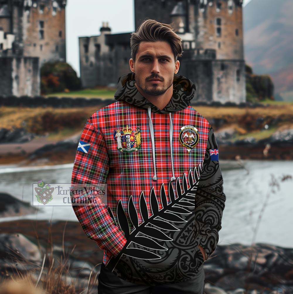 Tartan Vibes Clothing Straiton Crest Tartan Cotton Hoodie with New Zealand Silver Fern Half Style